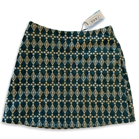 Cider Dresses & Skirts - Cider Velvet Green /White Jacquard Printed High Waist Mini Skirt Size Small NWT